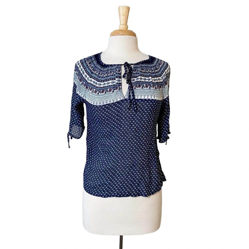 Lucky Brand Women's Navy Blue Hippie Boho 3/4 Sleeve Blouse Shirt Top Size Small